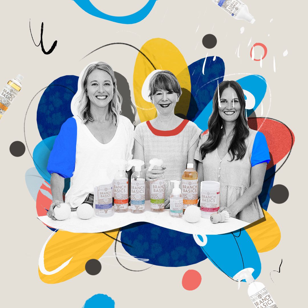 A black &amp; white photo of Allison Evans, Kelly Love, and Marilee Nelson is laid over a red, blue, and yellow illustration. 