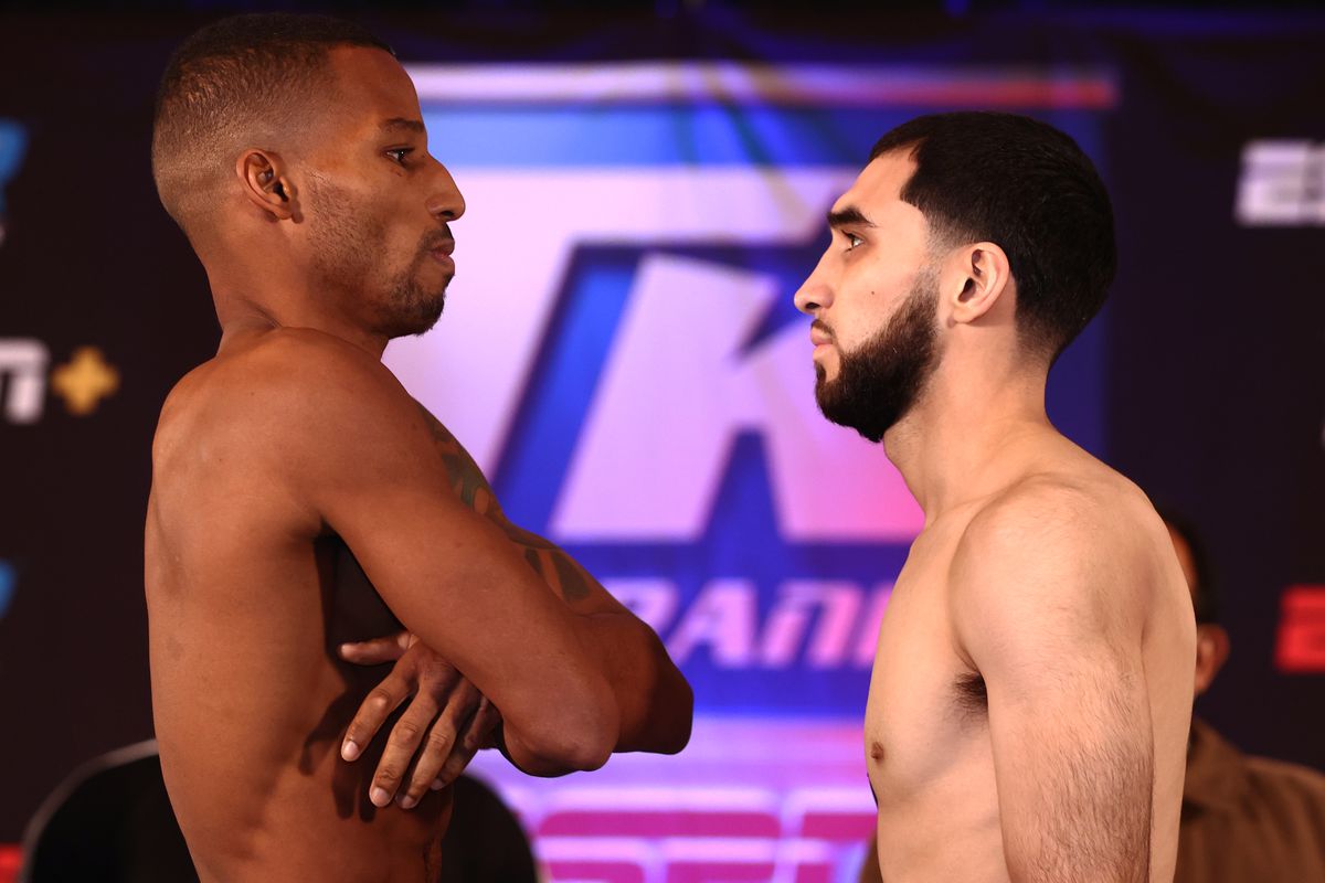Robson Conceicao (L) and Xavier Martinez (R) face-off during the weigh-in prior to their super featherweight fight at Hard Rock Hotel &amp; Casino Tulsa on January 28, 2022 in Catoosa, Oklahoma.