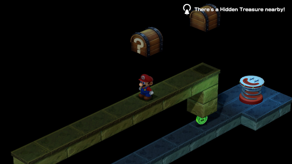 Mario stands under a chest on a thin platform with a clown spring nearby in Super Mario RPG.