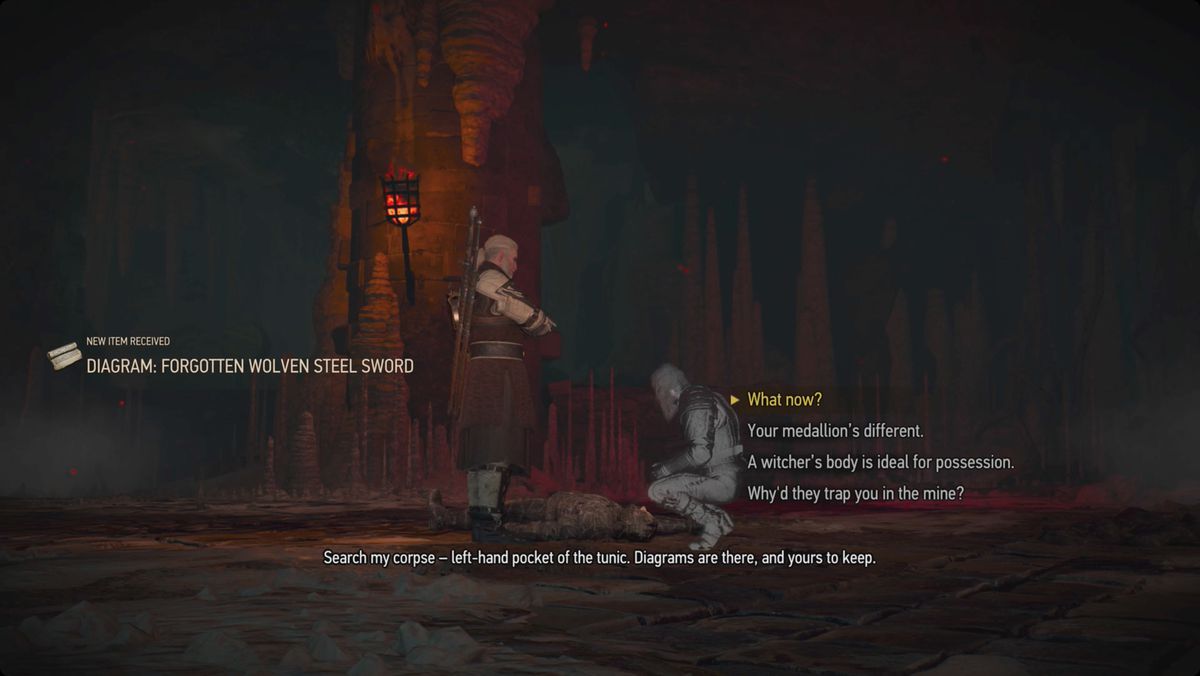 Witcher 3’s Geralt speaking to (the ghost of) Reinald in the Devil’s Pit.