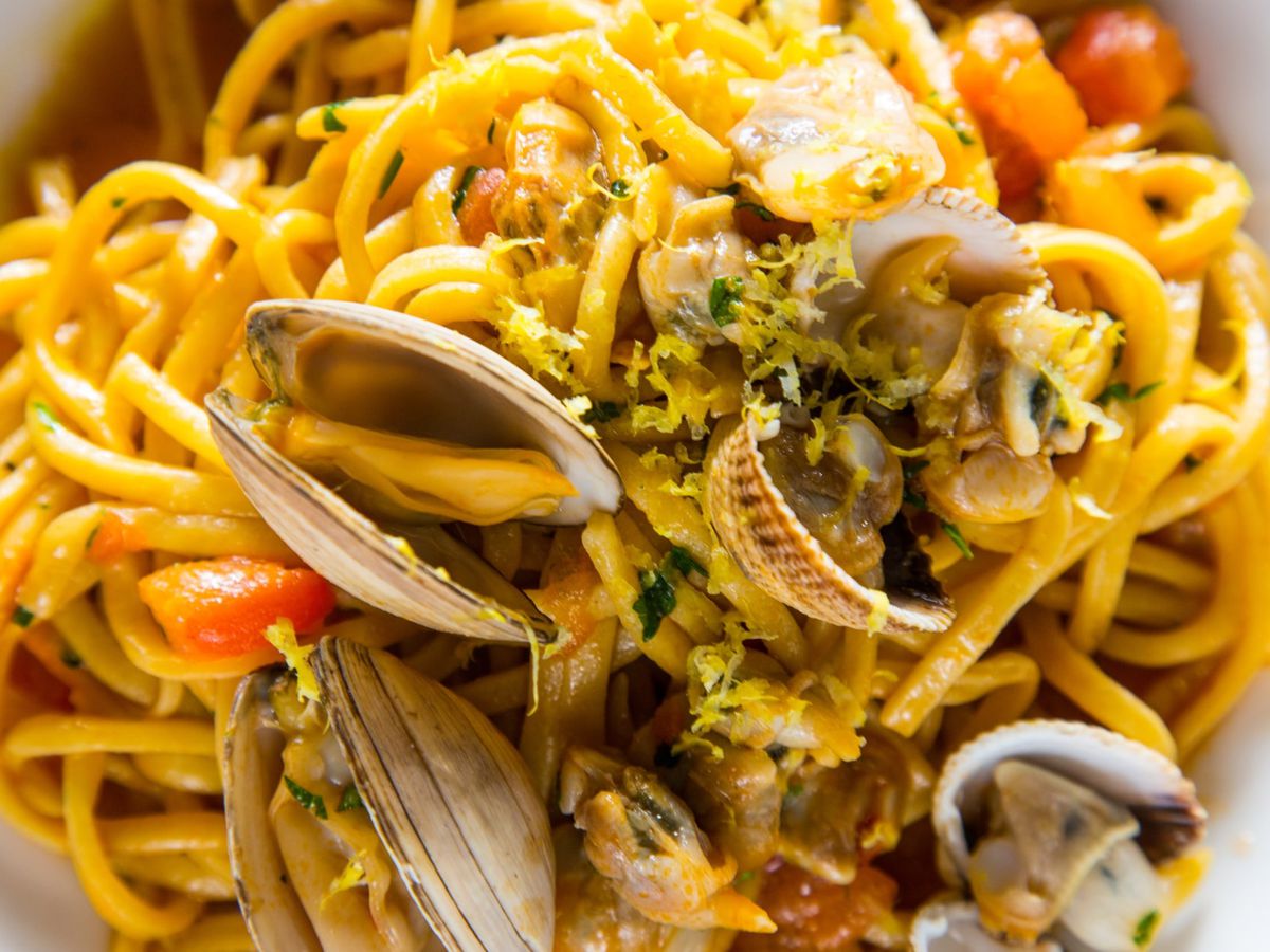 A closeup on spaghetti with clams. 