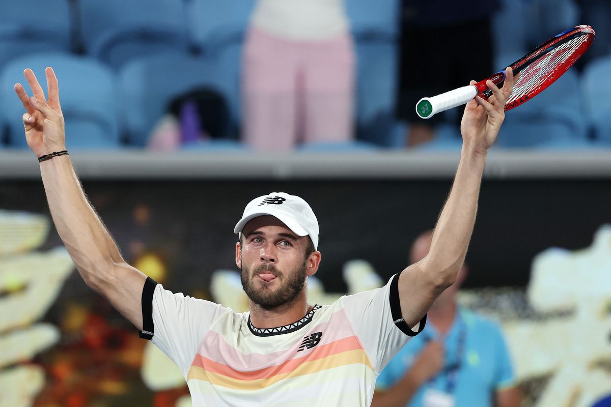Tommy Paul of the United States celebrates winning match point in the fourth round singles match against Roberto Bautista Agut of Spain during day eight of the 2023 Australian Open at Melbourne Park on January 23, 2023 in Melbourne, Australia.