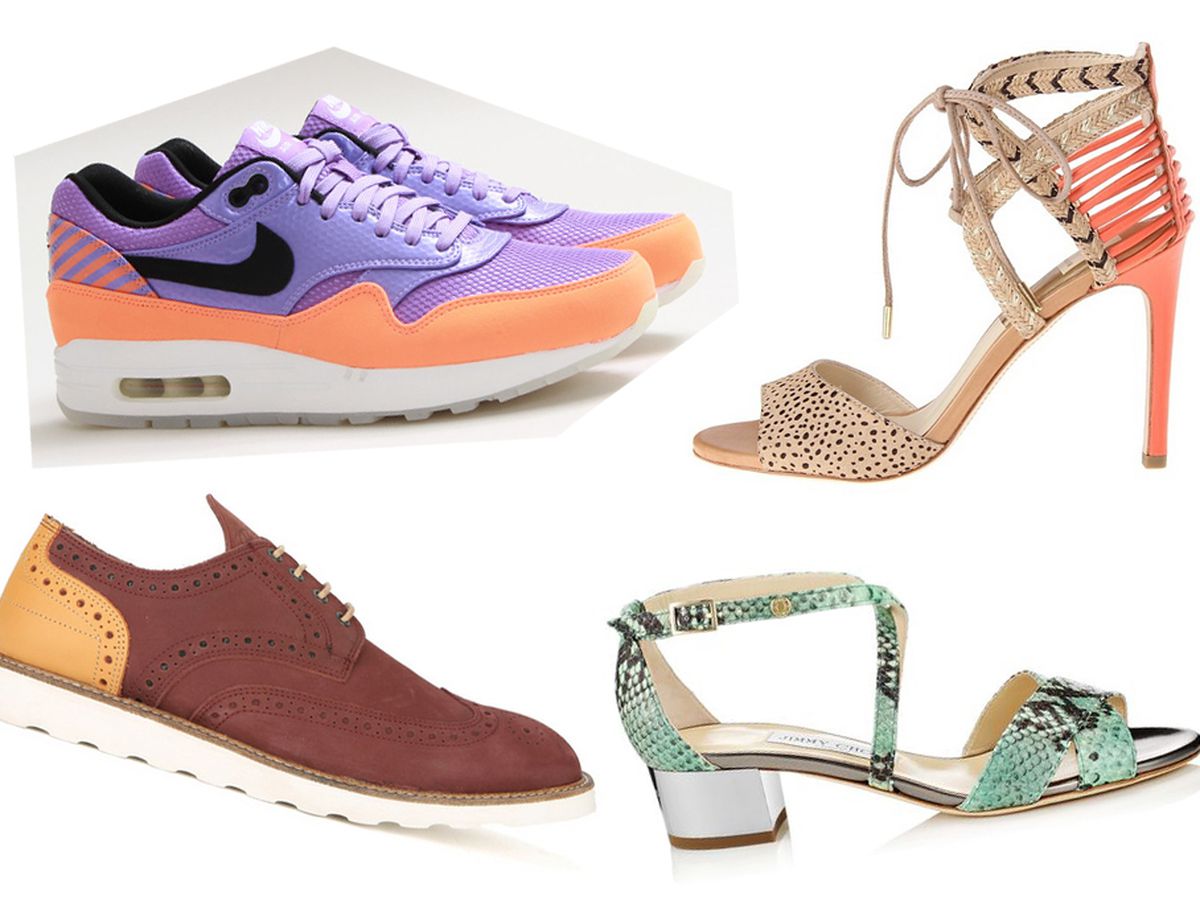 Clockwise from top left: Nike sneakers (<a href="http://shop.cncpts.com/products/nike-air-max-1-fb-premium-qs-atomic-violet-black">$130</a>) at Concepts; Dolce Vita shoes ($179) at Moxie; Jimmy Choo sandal (<a href="http://us.jimmychoo.com/en/women/