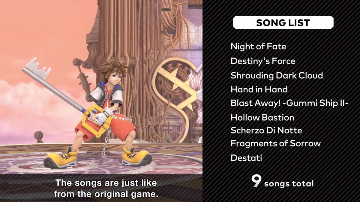Sora’s song list from Super Smash Bros. Ultimate Challenger Pack 11