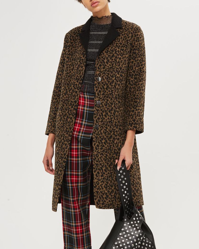 A leopard print wool coat with black collar