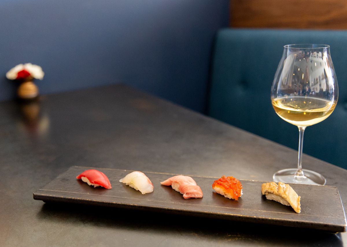A glass of wine and sushi platter at Sherman Oaks’ Sushi Note