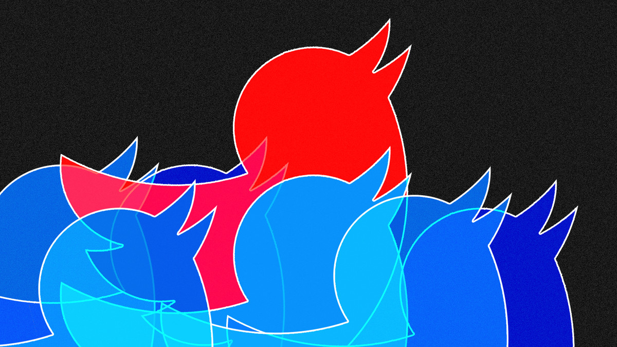 illustration of blue Twitter birds with one red Twitter bird rising above them