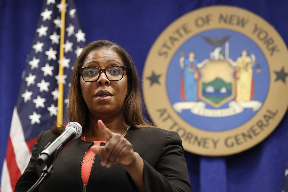 In this Aug. 6, 2020 file photo, New York State Attorney General Letitia James takes a question at a news conference.