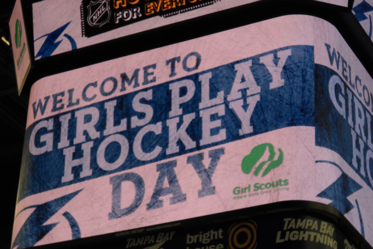 The center ice scoreboard welcomes participants to the St. Pete Times Forum for the Tampa Bay Lightning's "Girls Play Hockey" event. (photo by Clark Brooks) 