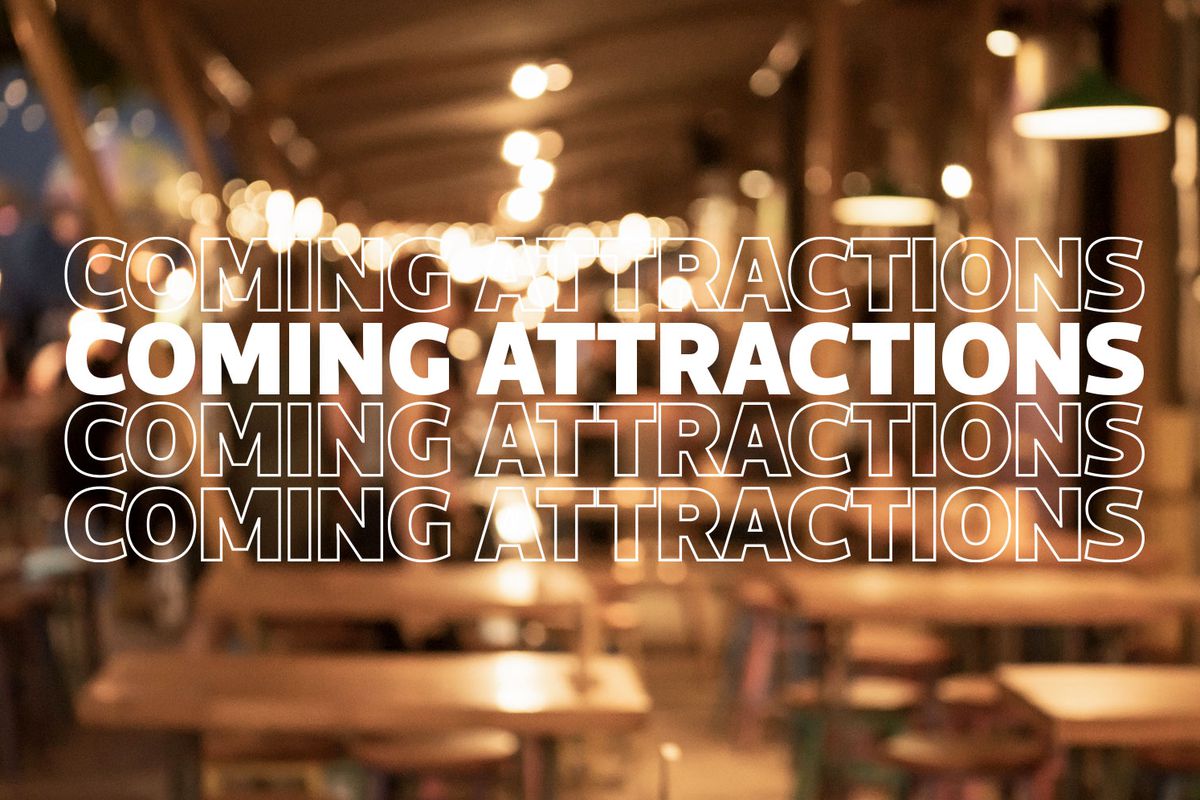 A “Coming Attractions” graphic in red lettering over a photo of a dining room.