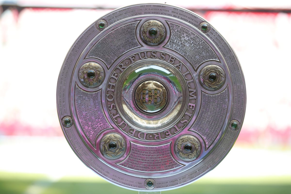 MUNICH, GERMANY - MAY 12: The winners trophy for the German Championship title is displayed prior to the Bundesliga match between FC Bayern Muenchen and VfB Stuttgart at Allianz Arena on May 12, 2018 in Munich, Germany.