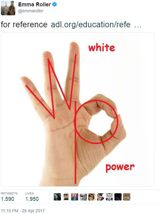 Roller on white power hand signal