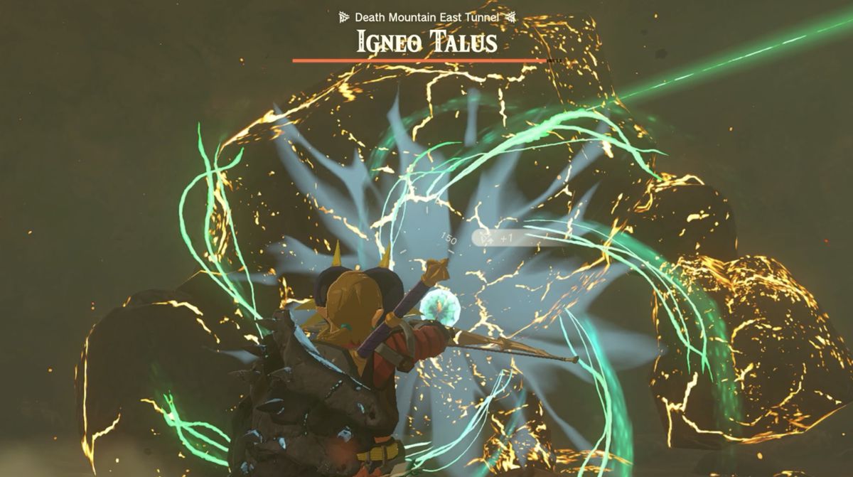 Link builds fights a Igneo Talus in Death Mountain East Tunnel in Zelda: Tears of the Kingdom