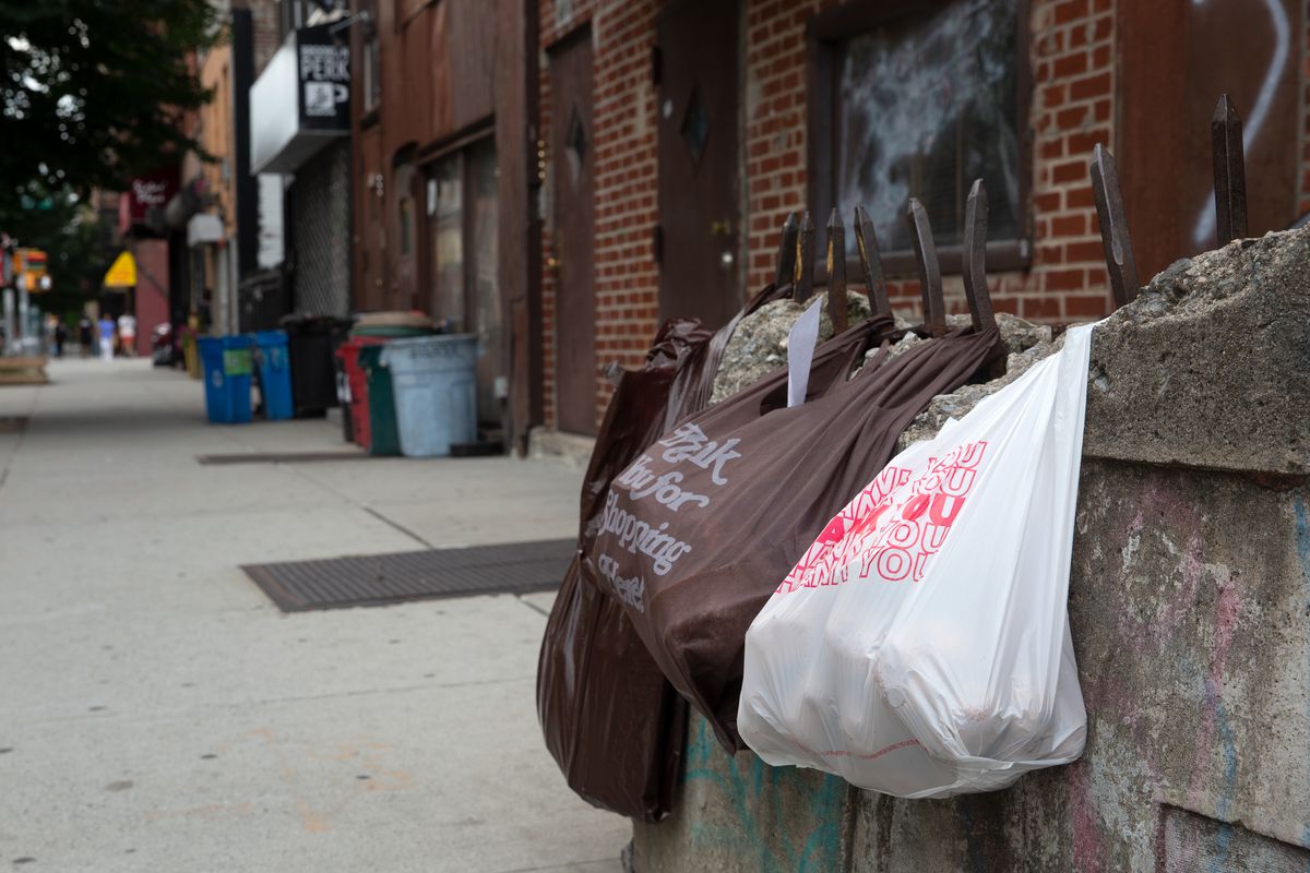 Plastic bags hang out with a reusable bag in Bed-Stuy, Brooklyn, July 22, 2021.