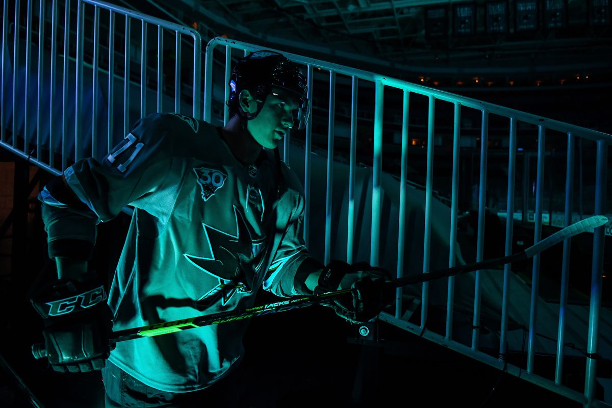 Nikolai Knyzhov #71 of the San Jose Sharks walks out onto the ice before facing the Anaheim Ducks at SAP Center on April 14, 2021 in San Jose, California.