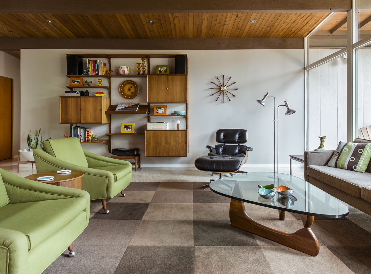 The living room is decorated with (mostly) vintage midcentury modern furniture.