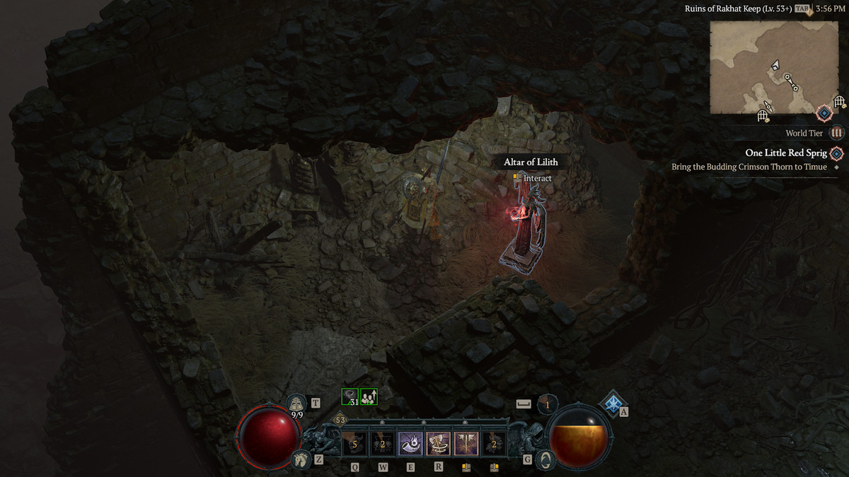 A screenshot of a Barbarian finding the 20th Altar of Lilith in Hawezar in Diablo 4