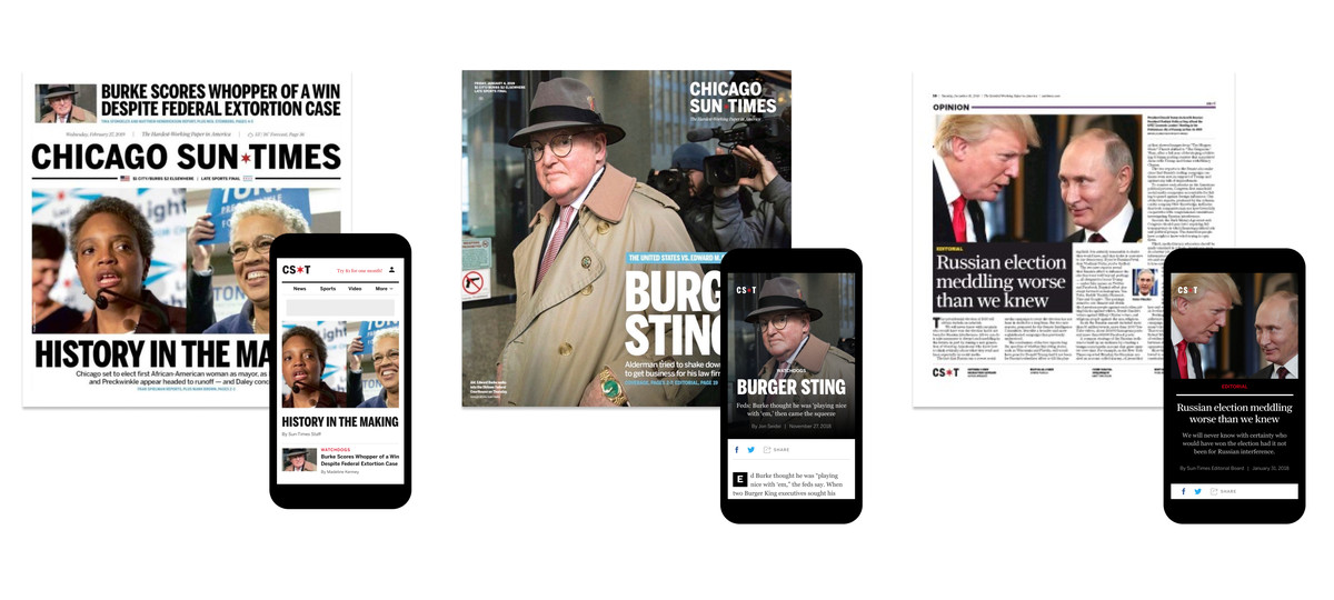 Three print covers shown next to phones with stories displayed from the new Sun-Times website.