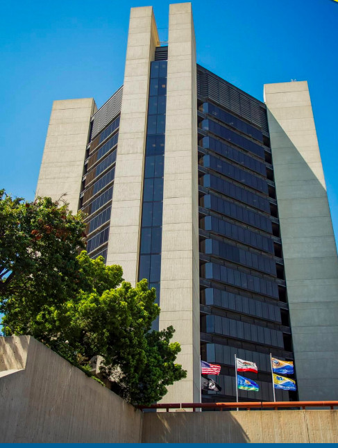 A photo of one of the taller civic center building.