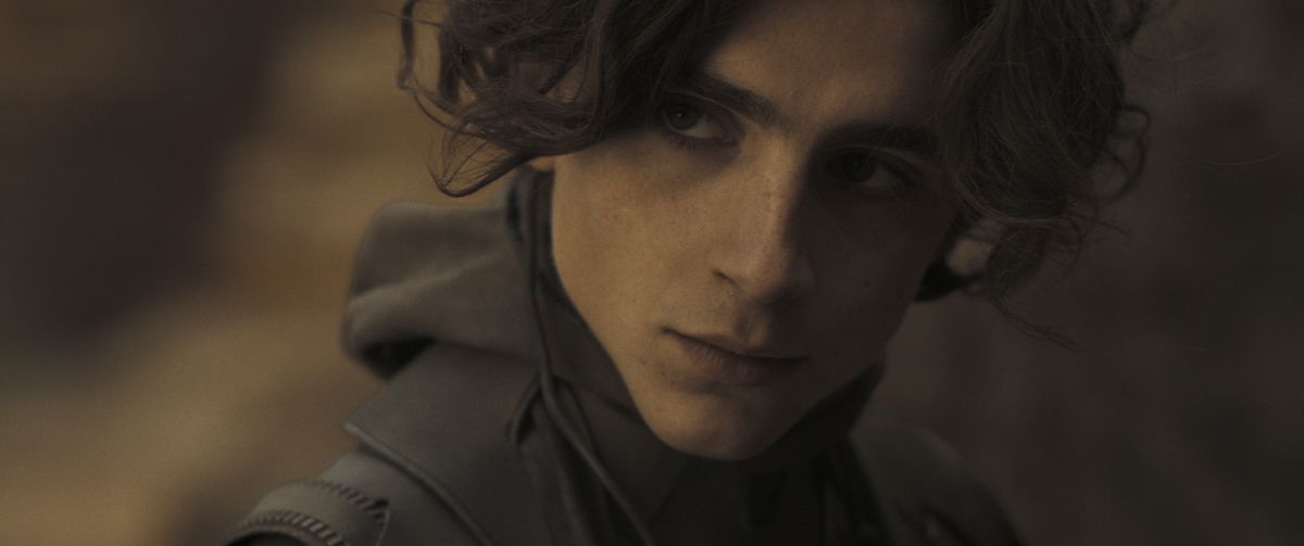 An extreme close-up a sullen-looking young man (Timothée Chalamet) against an out-of-focus desert background.