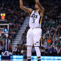 Utah Jazz guard George Hill (3) shoots during the game against the Houston Rockets at Vivint Smart Home Arena in Salt Lake City on Tuesday, Nov. 29, 2016.