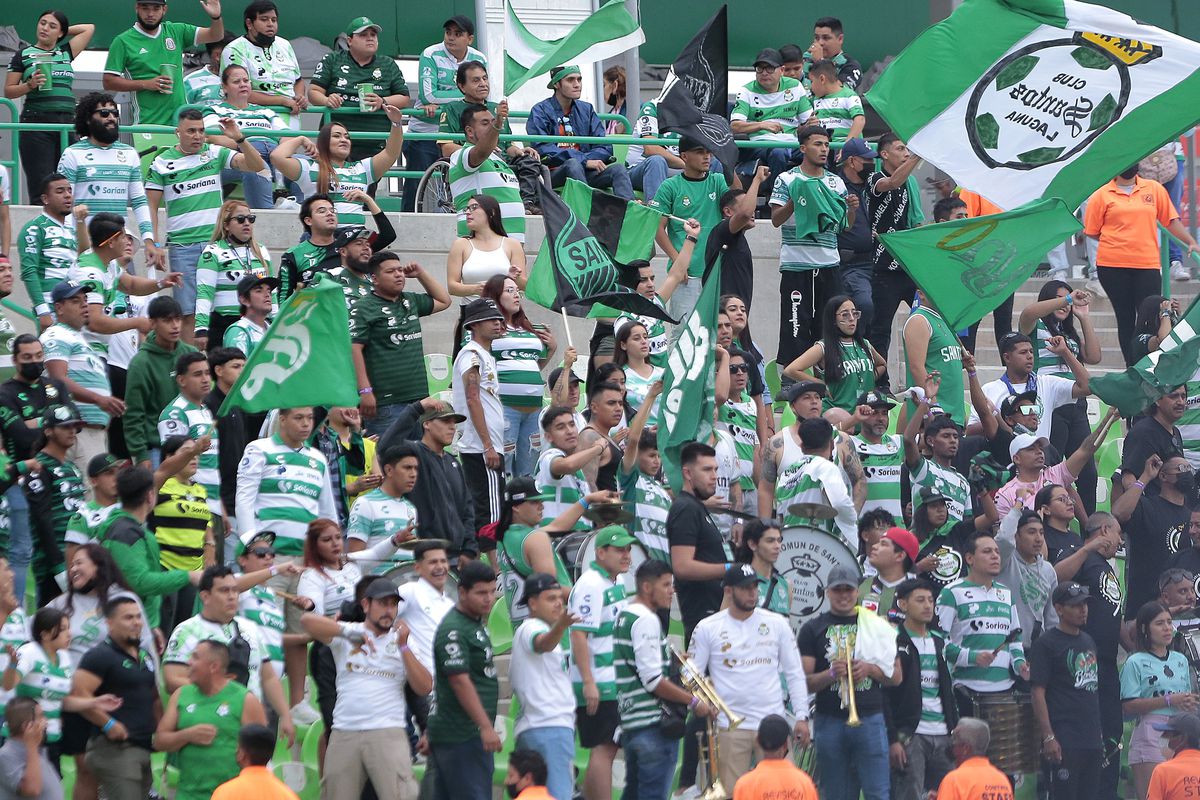 Fans of Santos during the 17th round match between Santos Laguna and Mazatlan FC as part of the Torneo Apertura 2022 Liga MX at Corona Stadium on October 2, 2022 in Torreon, Mexico.