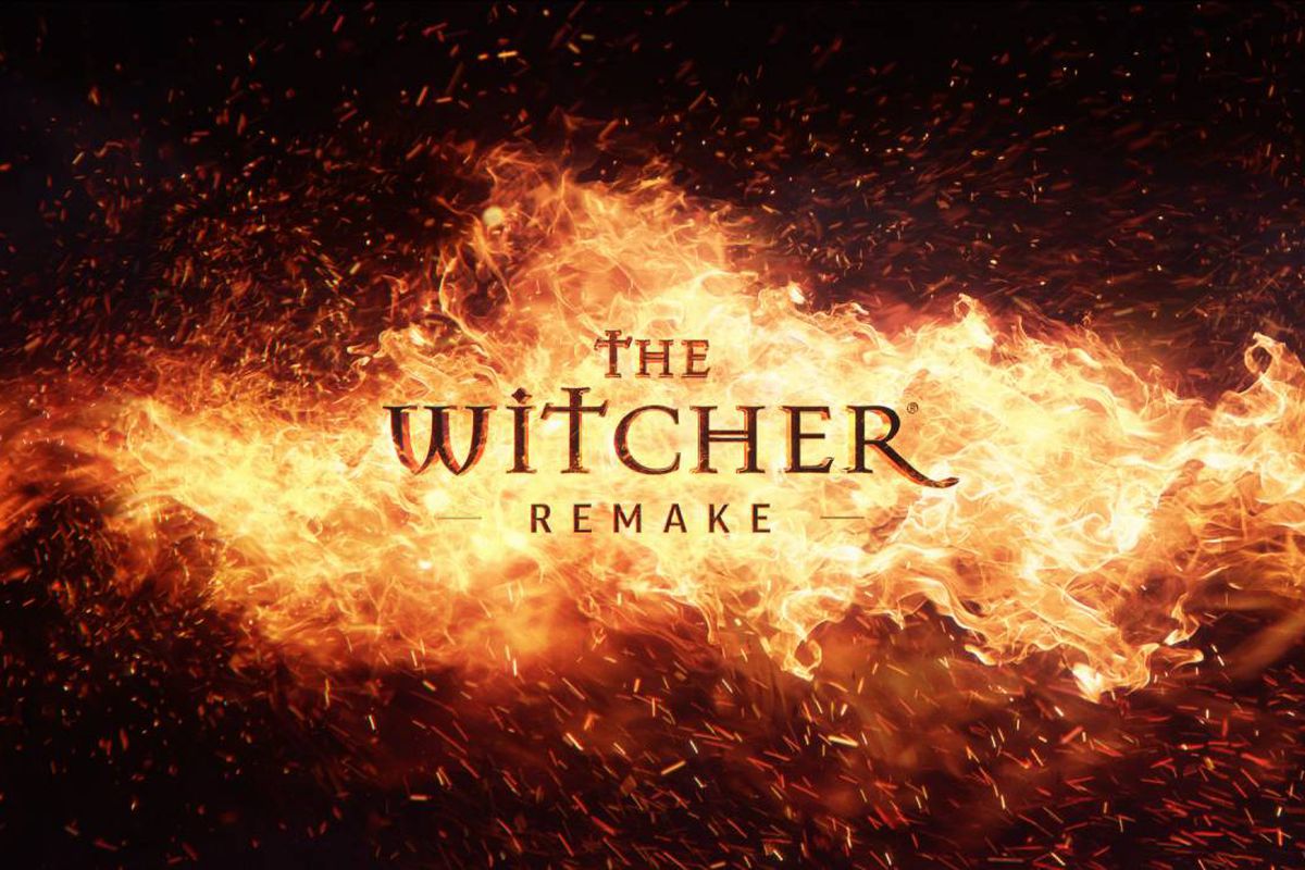 Key art for the The Witcher Remake; the game’s title is presented over a black screen against billowing flames and embers