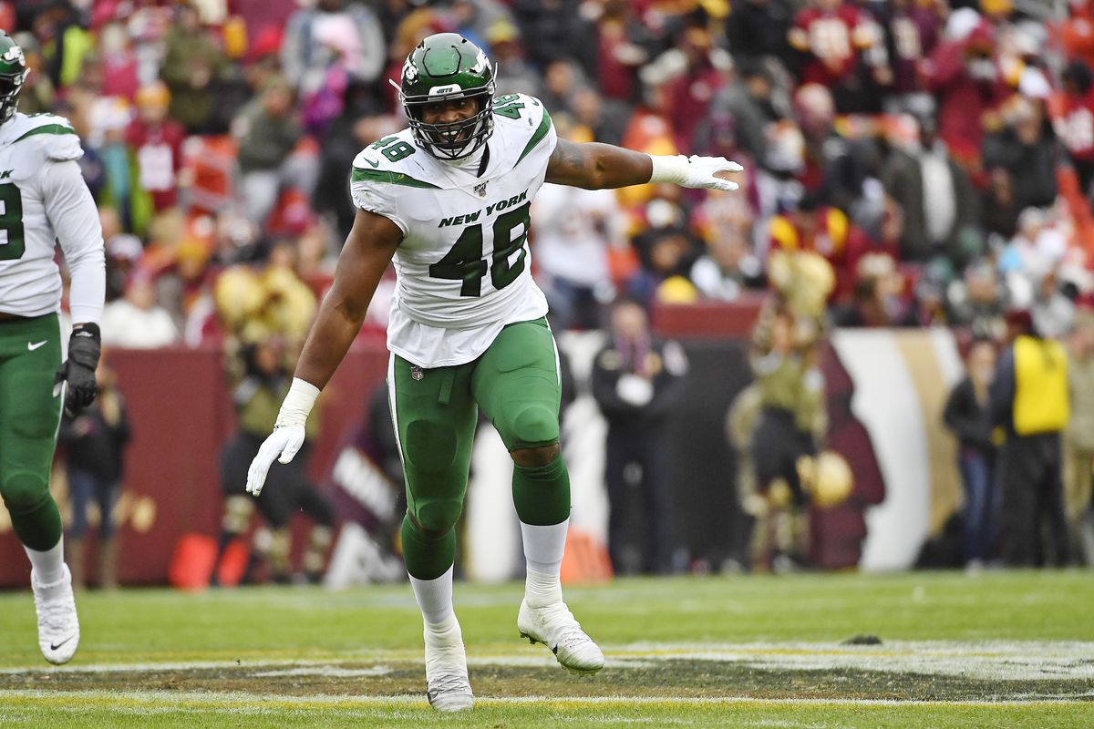 New York Jets outside linebacker Jordan Jenkins reacts after a sack against the Washington Redskins during the second half at FedExField.