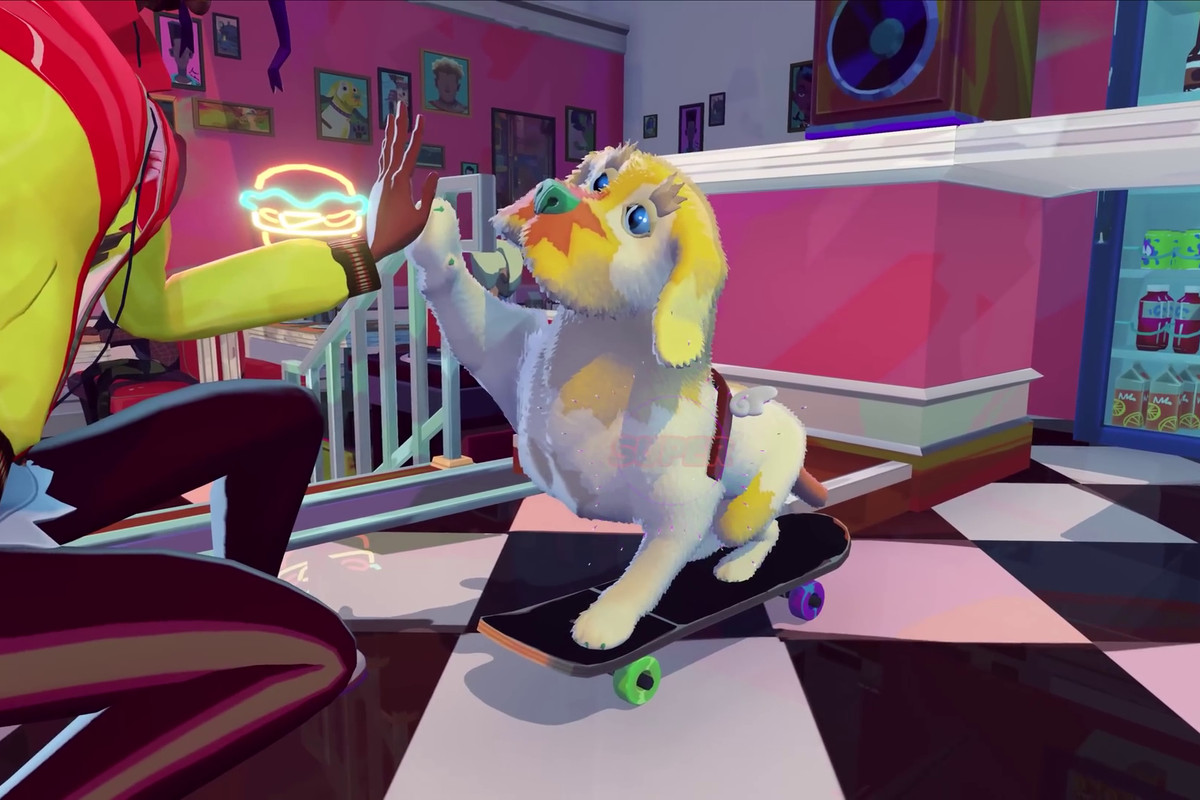 An image of a small dog in a restaurant. It’s giving a character a high-five with its paw as it sits on a skateboard.
