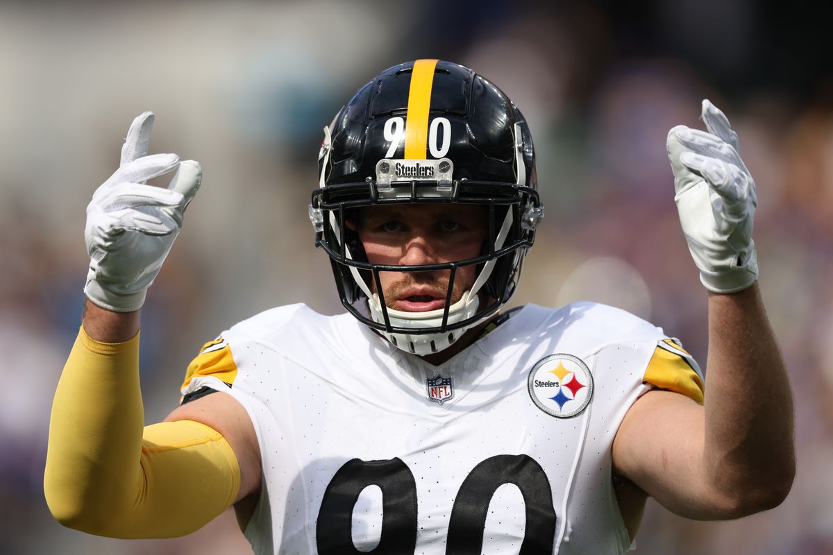 T.J. Watt #90 of the Pittsburgh Steelers motions to fans during a 24-17 win over the Los Angeles Rams at SoFi Stadium on October 22, 2023 in Inglewood, California.