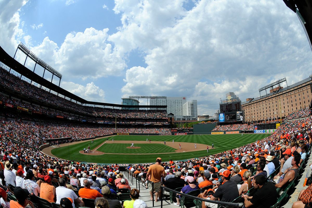 The Washington Nationals play against the Baltimore Orioles during an interleague game at Oriole Park at Camden Yards on June 24, 2012 in Baltimore, Maryland. 
