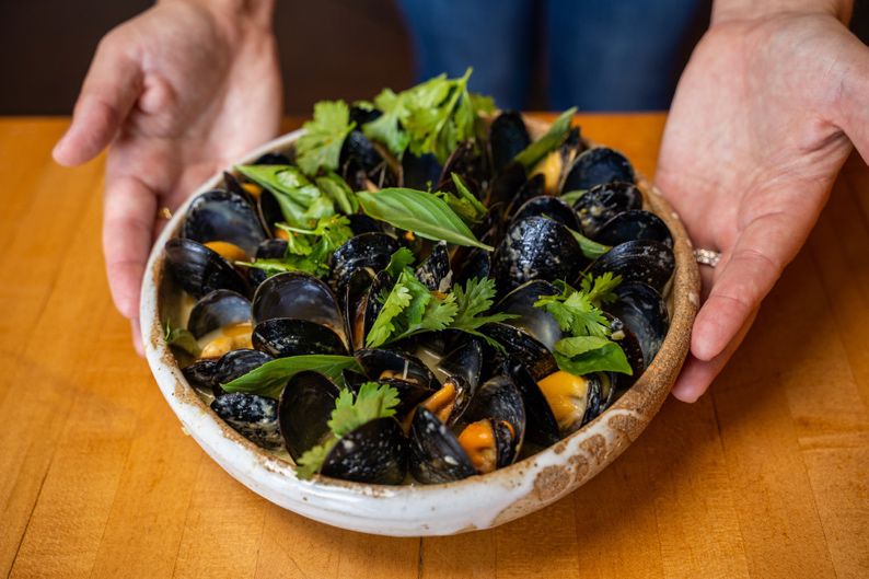 Salt Springs mussels in a green curry with Chino Farms basil and cilantro