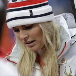 United States' Lindsey Vonn walks through the mixed zone after the women's combined at the 2018 Winter Olympics in Jeongseon, South Korea, Thursday, Feb. 22, 2018. (AP Photo/Michael Probst)