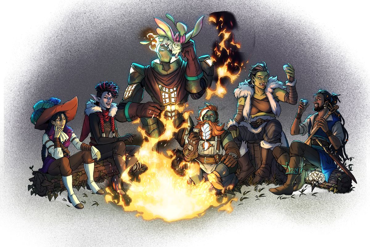 The player characters of Kinfire Chronicles: Night's Fall sitting around a campfire.