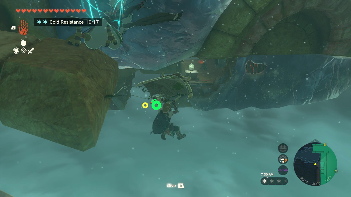 Link floats with his paraglider below the underside of the Sky Ark wooden airship in Zelda: Tears of the Kingdom. Before him is a platform with a glowing lantern that he’s aiming to land on.