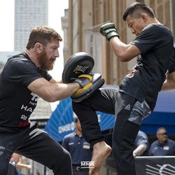 Kyoji Horiguchi hits mitts with coach Mike Brown outside of Madison Square Garden for Bellator 222 open workouts