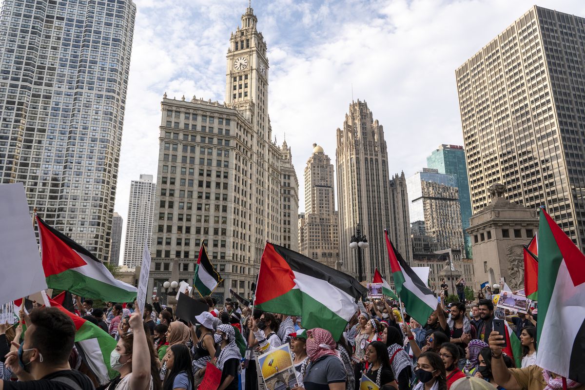 Around a thousand people march on Wacker Dr. in the Loop, during a pro-Palestinian protest, Friday, May 21, 2021.