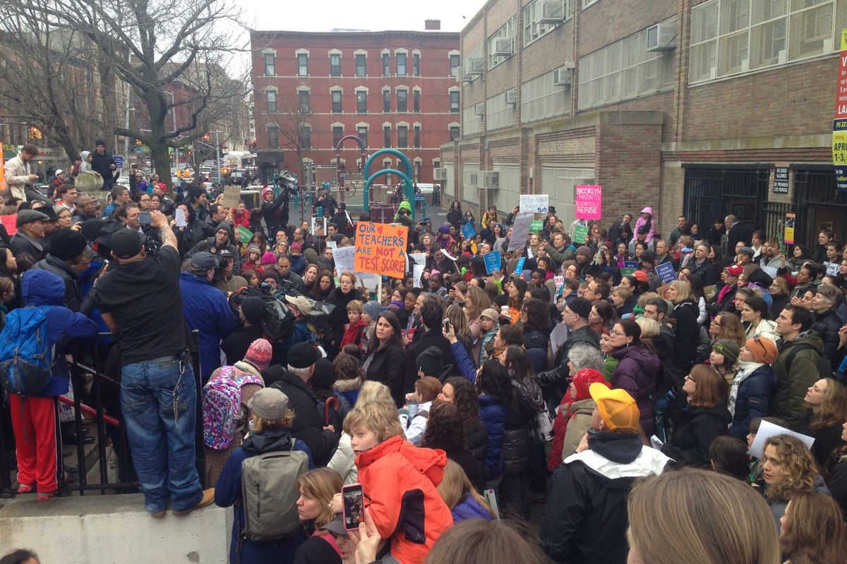 A protest in 2014 at P.S. 321 in Park Slope against the state English exams.