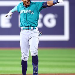  Julio Rodriguez #44 of the Seattle Mariners celebrates a double in the first inning against the Toronto Blue Jays at Rogers Centre on April 28, 2023 in Toronto, Ontario, Canada.