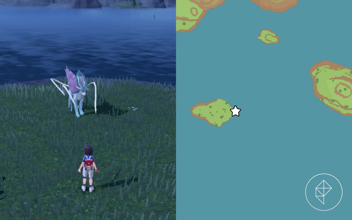 A map showing where to find Suicune on the lake in Pokémon Scarlet and Violet