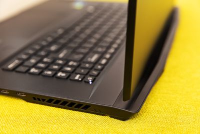 The back left corner of the MSI GS77 Stealth.