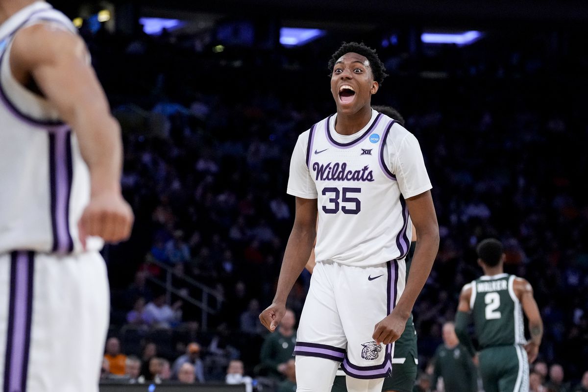 Mar 23, 2023; New York, NY, USA; Kansas State Wildcats forward Nae’Qwan Tomlin (35) reacts after a play against the Michigan State Spartans in the first half at Madison Square Garden. Mandatory Credit: Robert Deutsch