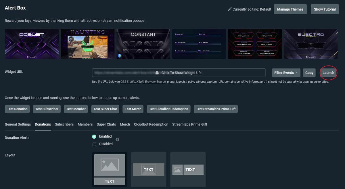 In Streamlabs, you can test your alerts with the launch button