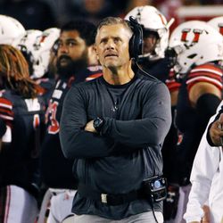 Utah Utes head coach Kyle Whittingham watches a replay during NCAA football against San Jose State played in Salt Lake City on Saturday, Sept. 16, 2017.