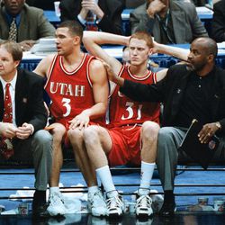 The University of Utah's bench watches in the closing minutes of the 1998 NCAA Championship basketball game in San Antonio in 1998 against Kentucky.