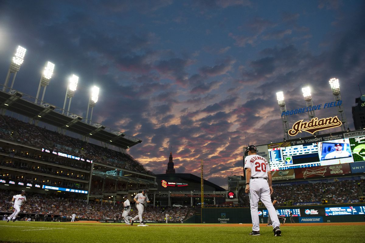 CLEVELAND, OH - JULY 26: Casey Kotchman #35 of the Cleveland Indians is out at first during the fifth inning against the Detroit Tigers as the sun sets over Progressive Field on July 26, 2012 in Cleveland, Ohio. (Photo by Jason Miller/Getty Images)