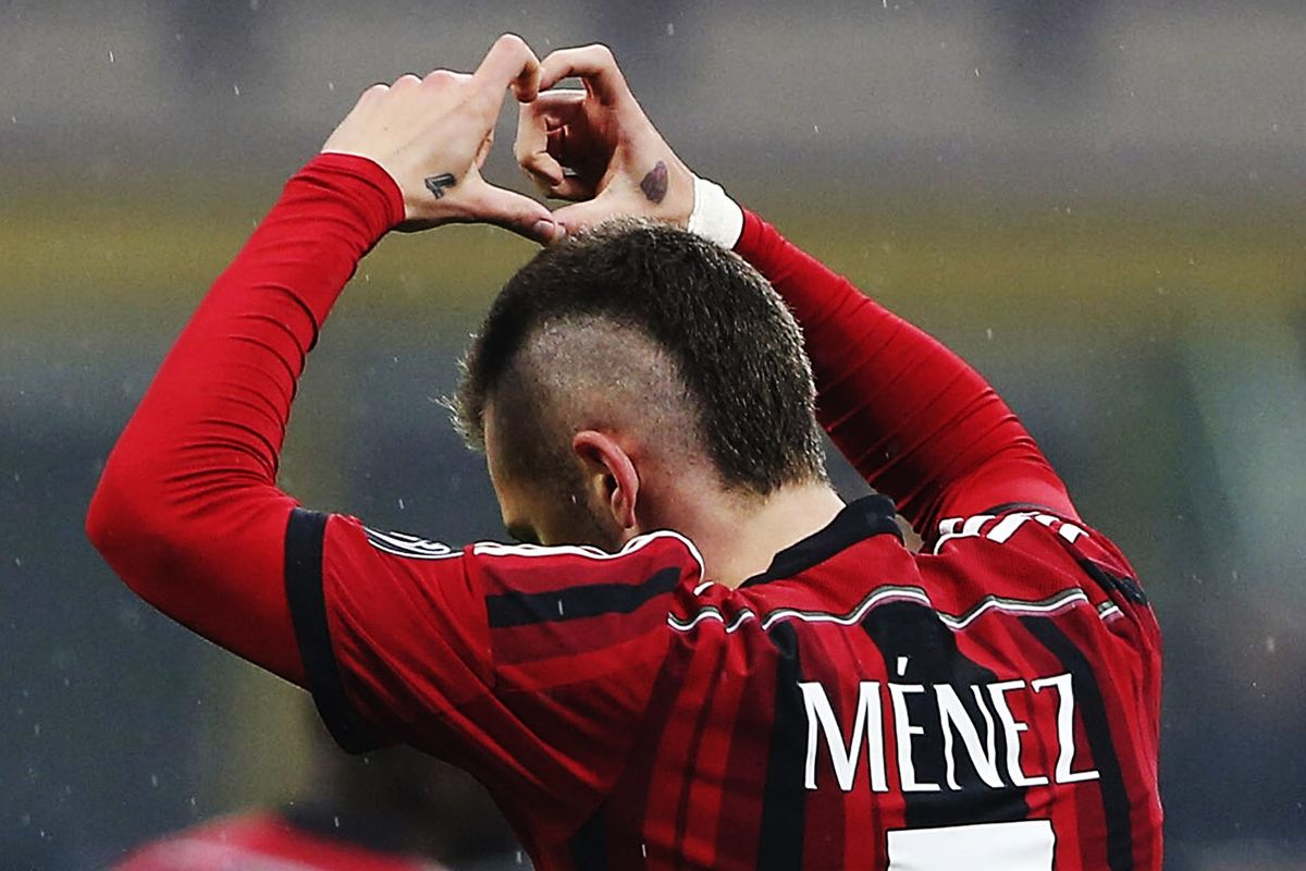 Menez showing his love for AC Milan fans after scoring against Napoli in December.