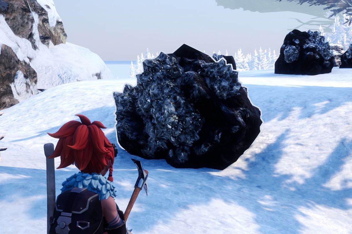 The playable character of Palworld standing in front of a pure quartz node in the snow.