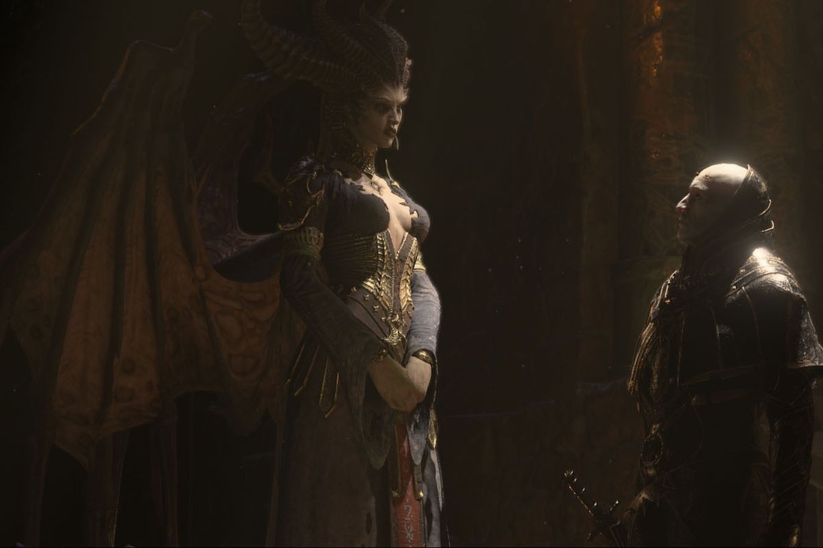 Two characters talk to each other in Diablo 4 season 2.