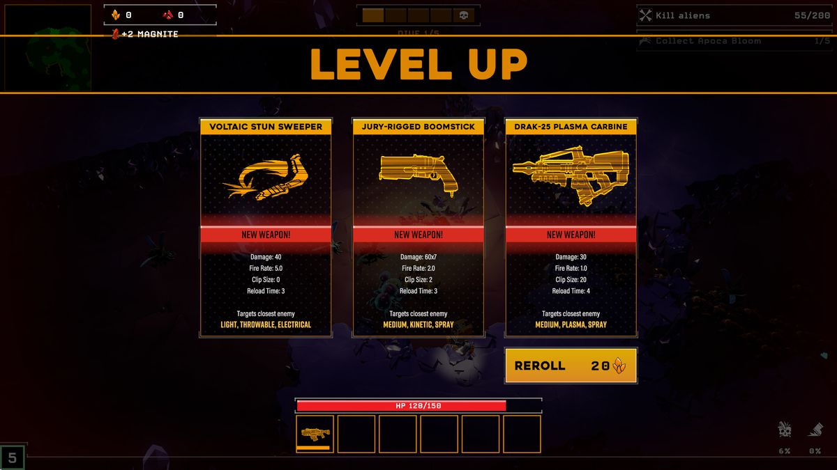 An upgrade screen in Deep Rock Galactic: Survivor, showing some of the weapons the player can choose from upon leveling up.